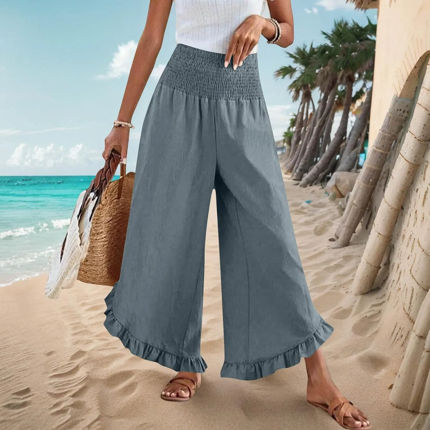 Womens Summer Boho Pants Cotton Linen Casual Pants Flowy Palazzo Wide Leg Trousers Fashion Beach Vacation Outfits Clothes