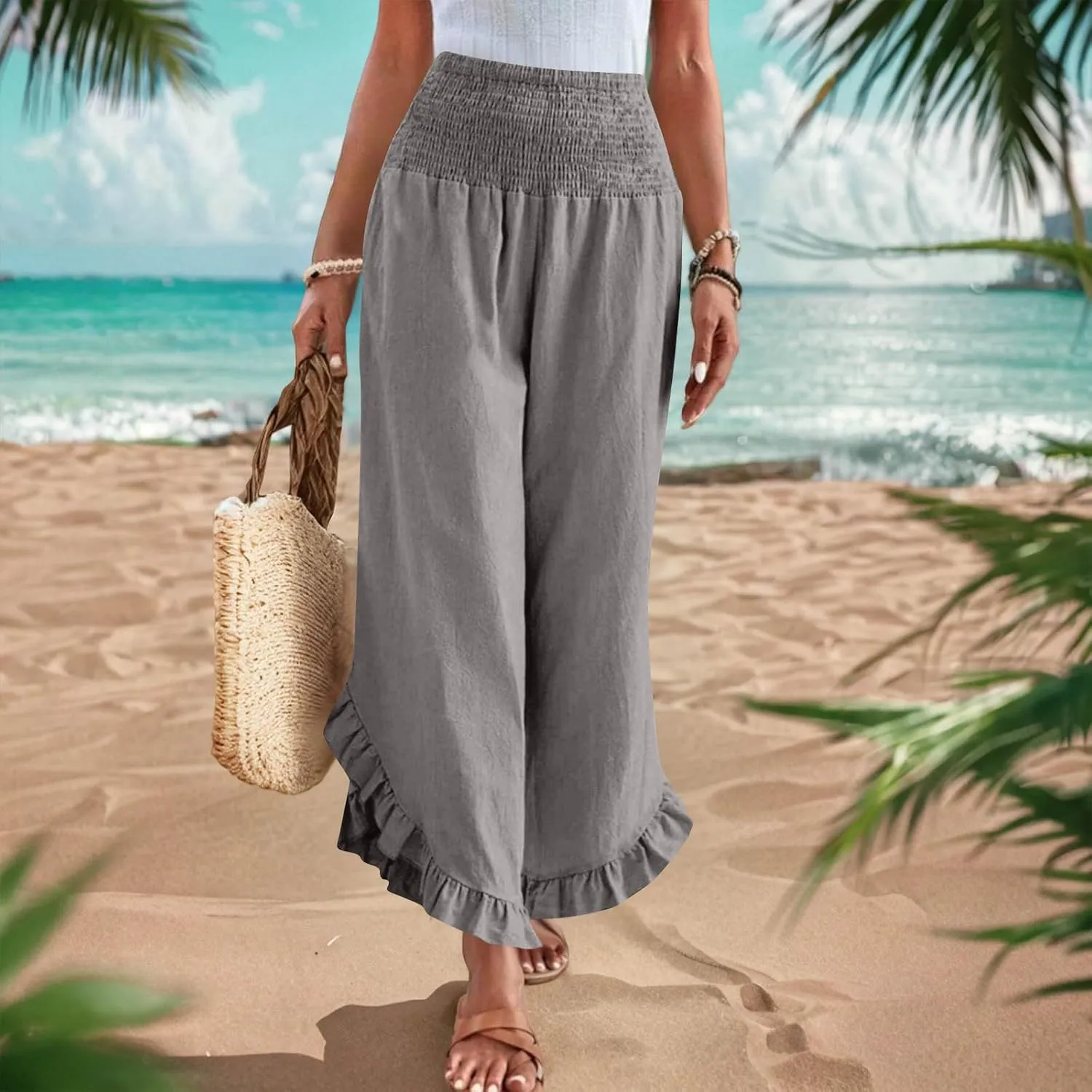 Womens Summer Boho Pants Cotton Linen Casual Pants Flowy Palazzo Wide Leg Trousers Fashion Beach Vacation Outfits Clothes
