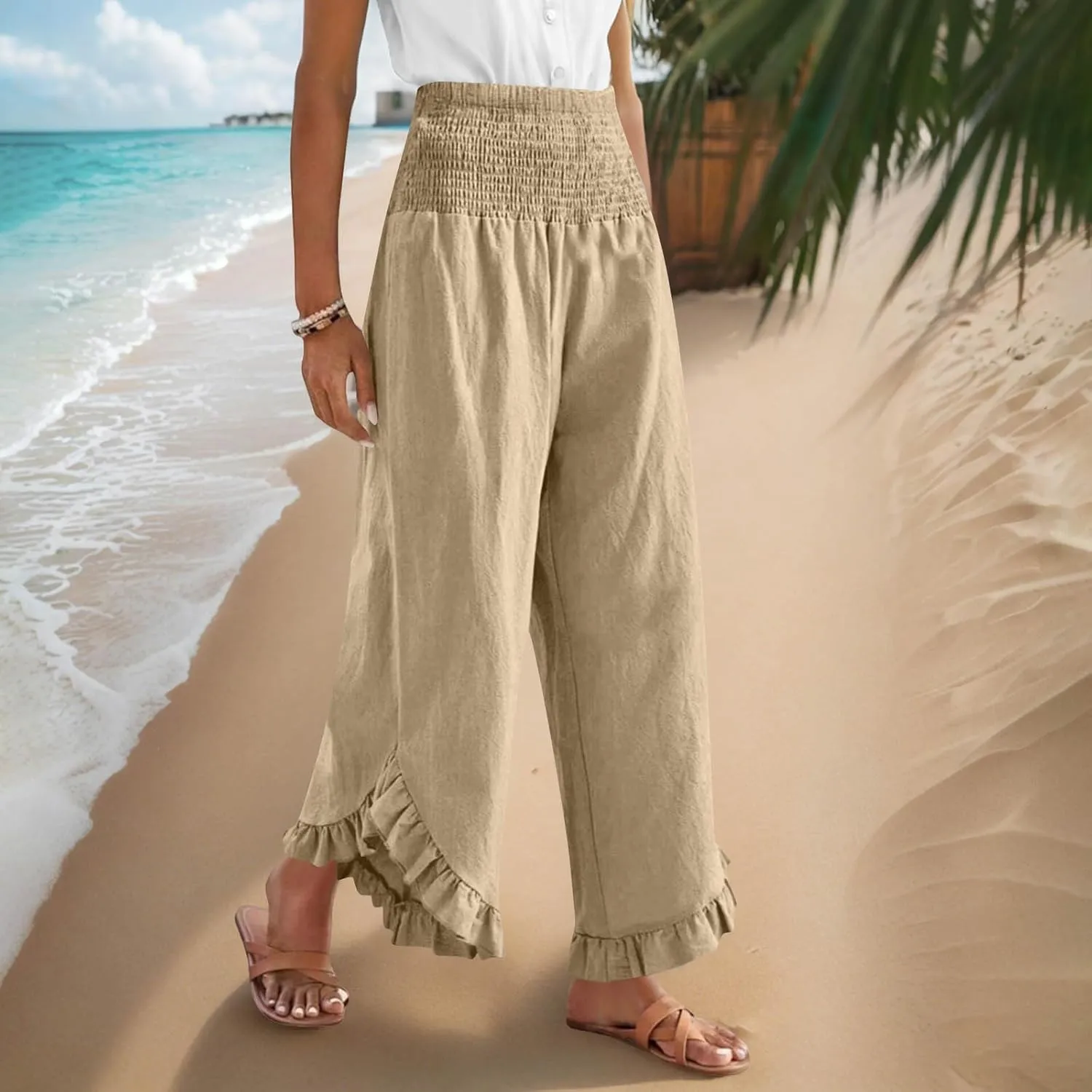 Womens Summer Boho Pants Cotton Linen Casual Pants Flowy Palazzo Wide Leg Trousers Fashion Beach Vacation Outfits Clothes