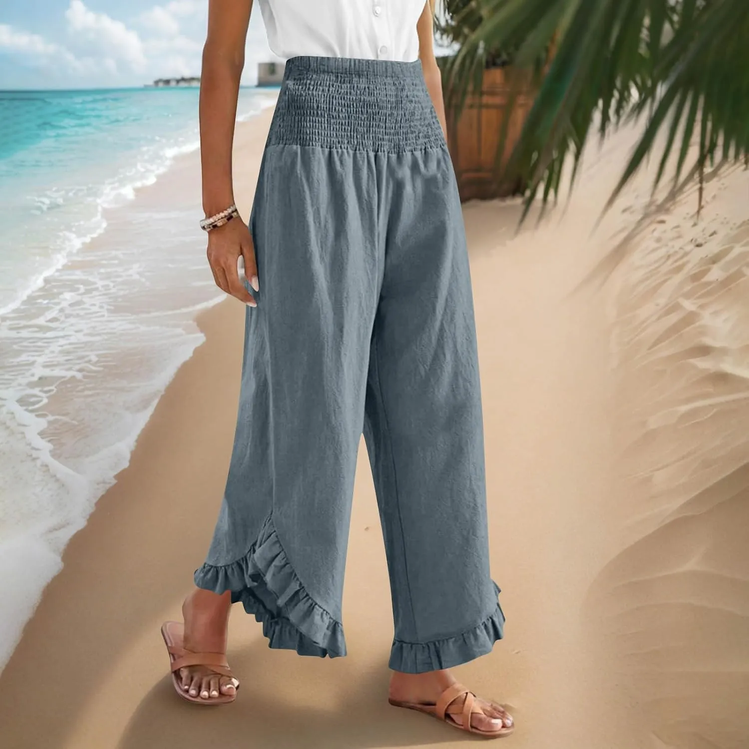 Womens Summer Boho Pants Cotton Linen Casual Pants Flowy Palazzo Wide Leg Trousers Fashion Beach Vacation Outfits Clothes
