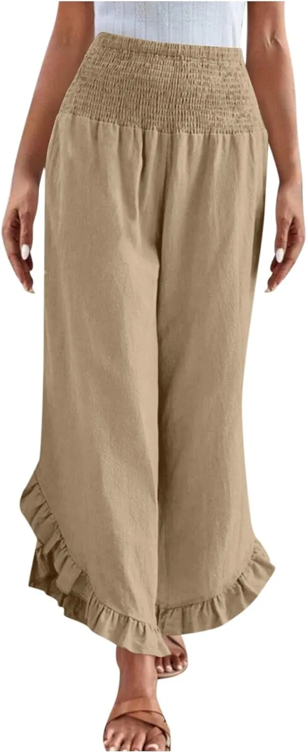 Womens Summer Boho Pants Cotton Linen Casual Pants Flowy Palazzo Wide Leg Trousers Fashion Beach Vacation Outfits Clothes