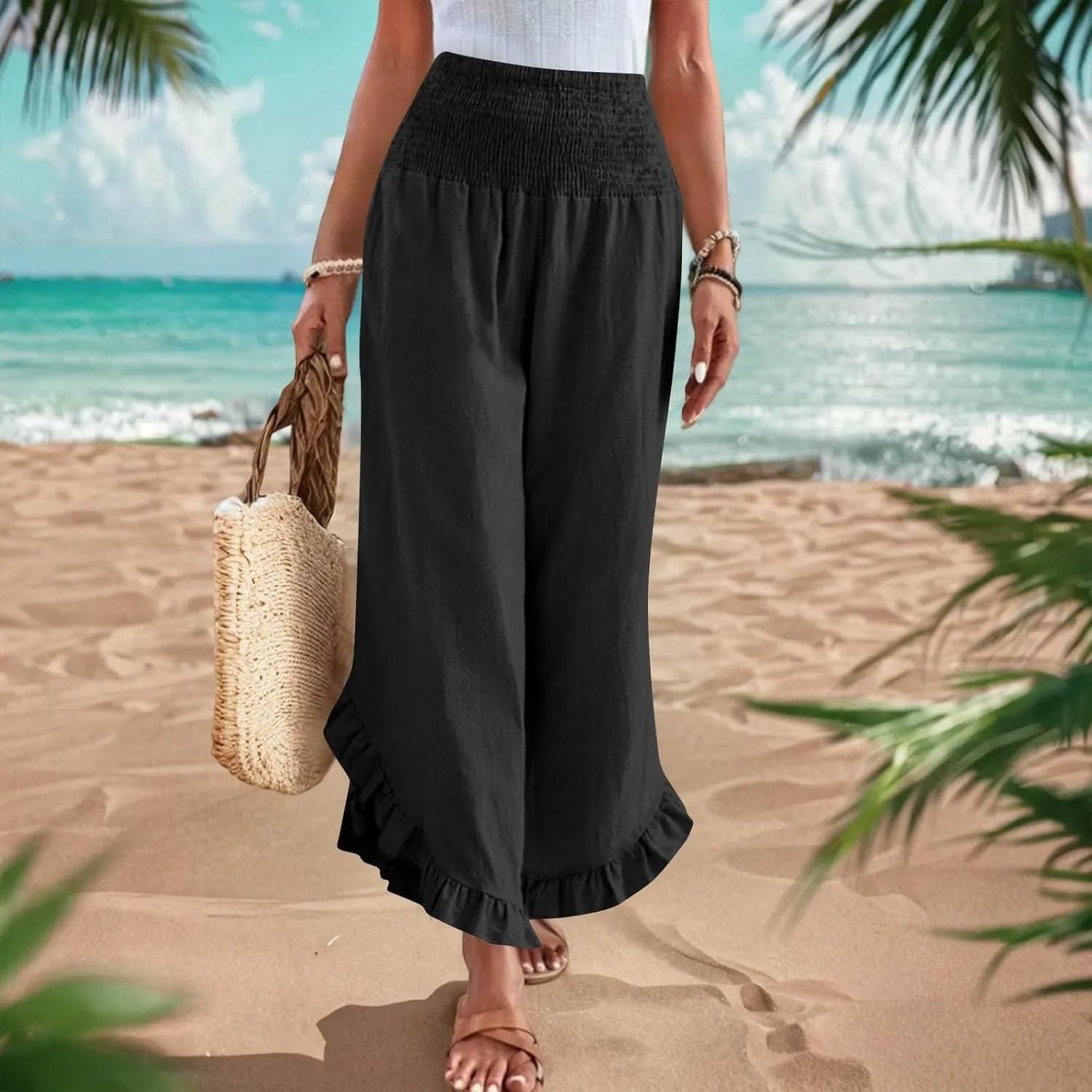 Womens Summer Boho Pants Cotton Linen Casual Pants Flowy Palazzo Wide Leg Trousers Fashion Beach Vacation Outfits Clothes