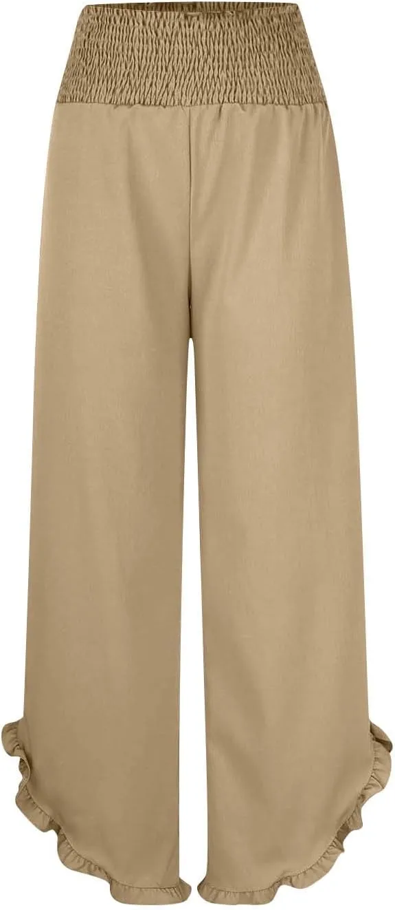Womens Summer Boho Pants Cotton Linen Casual Pants Flowy Palazzo Wide Leg Trousers Fashion Beach Vacation Outfits Clothes