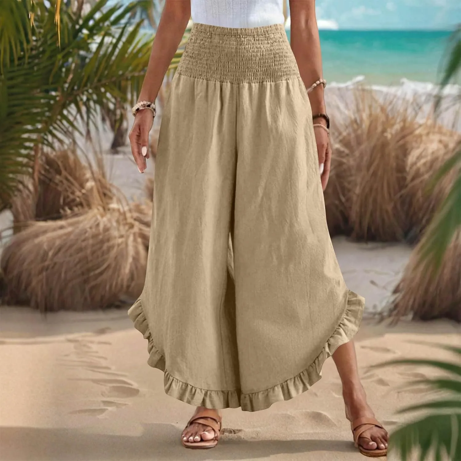 Womens Summer Boho Pants Cotton Linen Casual Pants Flowy Palazzo Wide Leg Trousers Fashion Beach Vacation Outfits Clothes