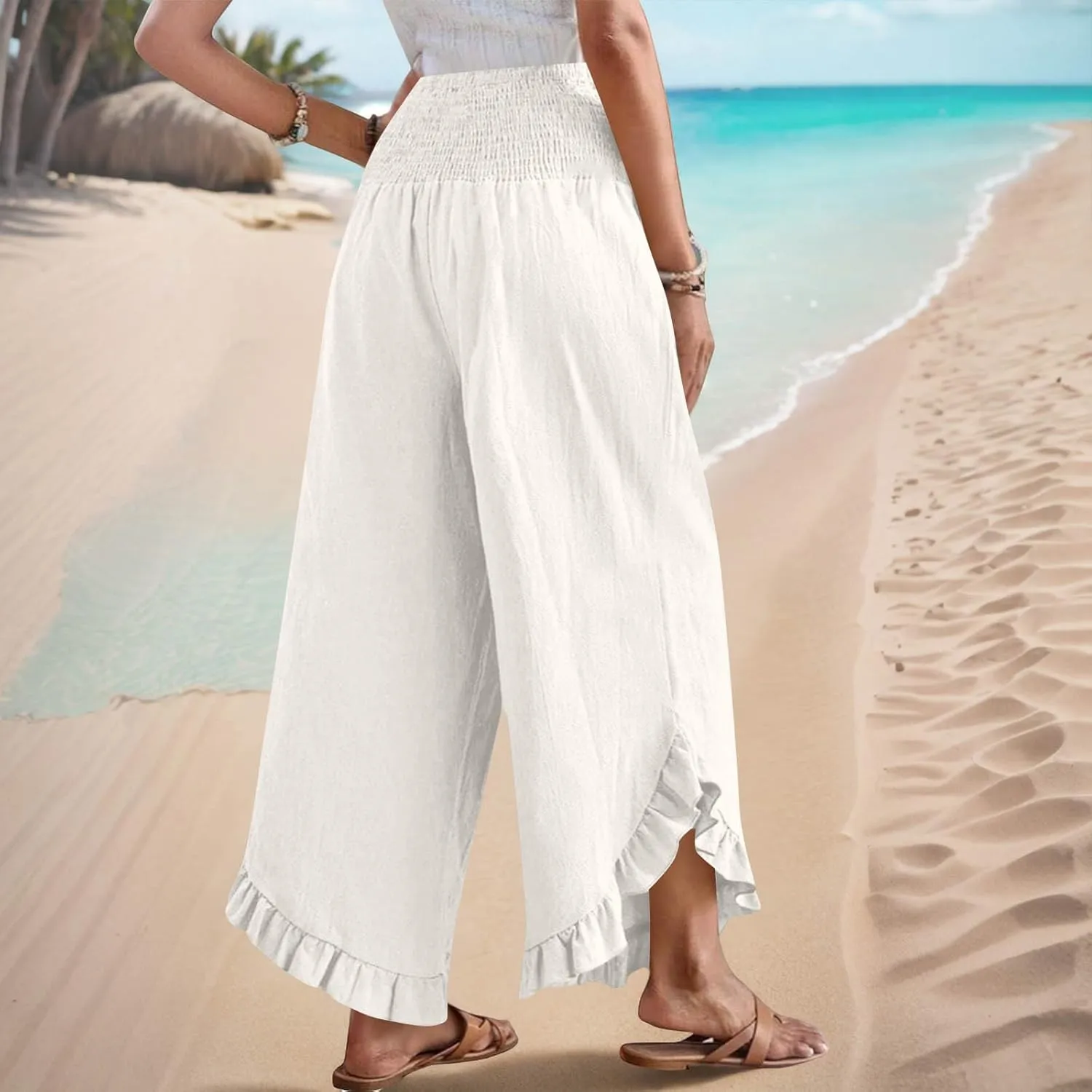 Womens Summer Boho Pants Cotton Linen Casual Pants Flowy Palazzo Wide Leg Trousers Fashion Beach Vacation Outfits Clothes