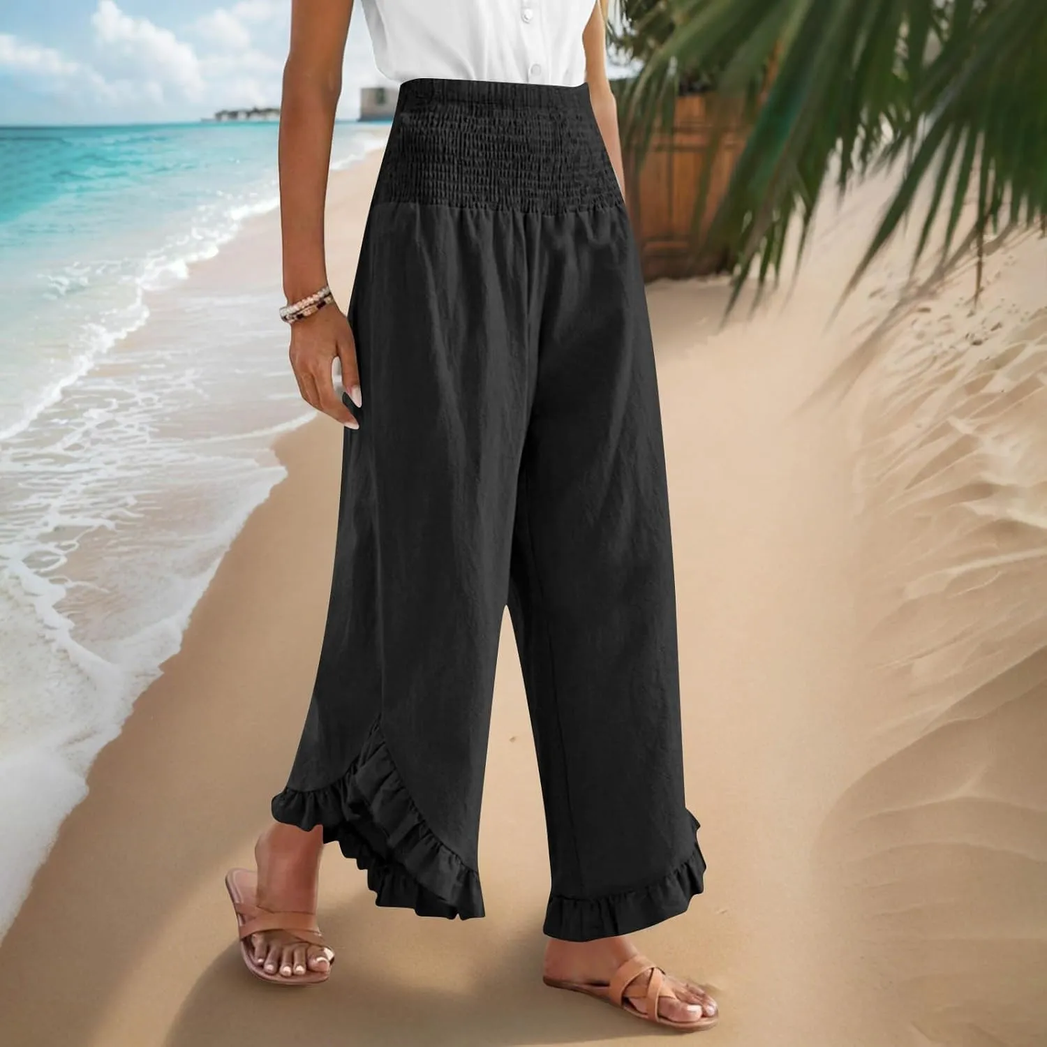 Womens Summer Boho Pants Cotton Linen Casual Pants Flowy Palazzo Wide Leg Trousers Fashion Beach Vacation Outfits Clothes