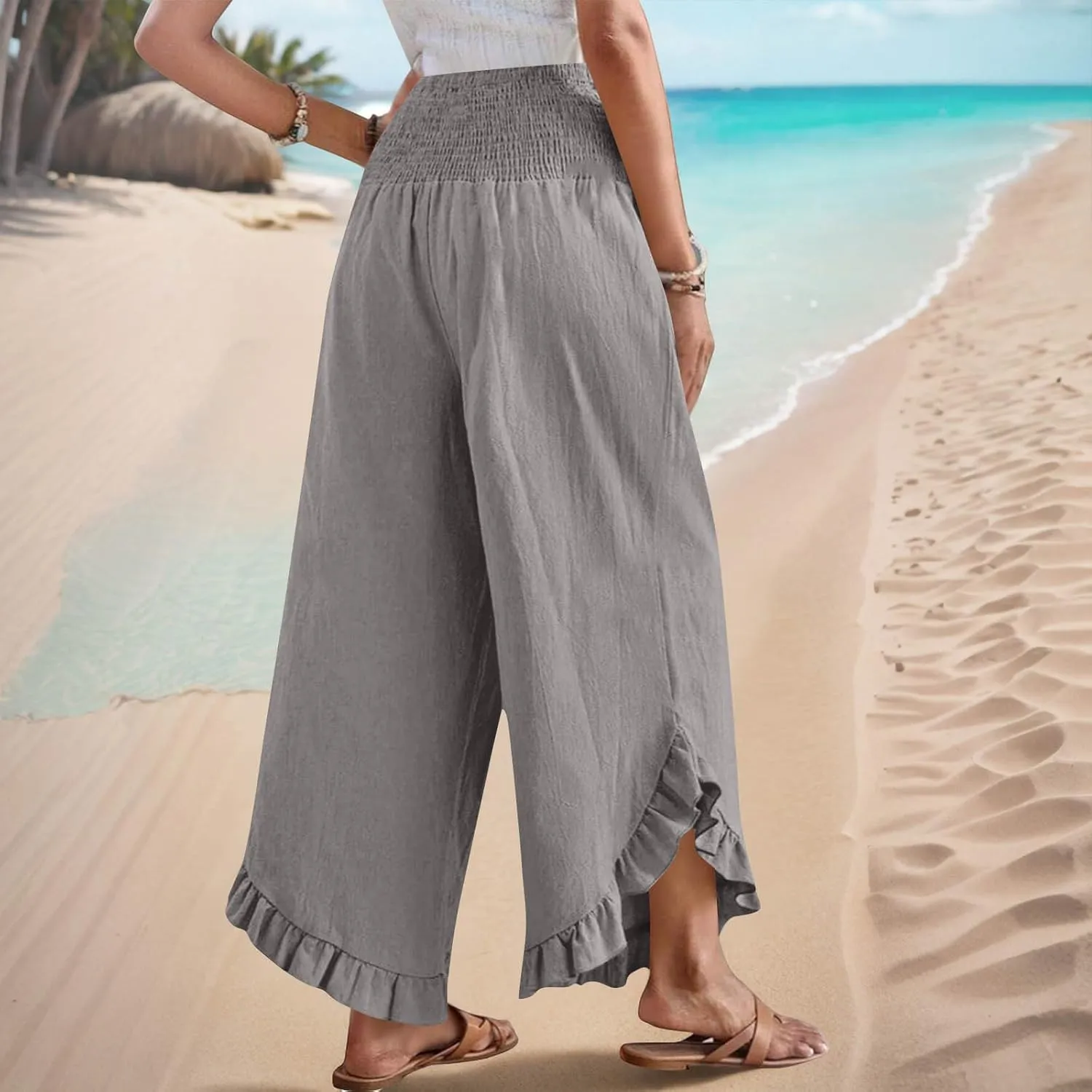 Womens Summer Boho Pants Cotton Linen Casual Pants Flowy Palazzo Wide Leg Trousers Fashion Beach Vacation Outfits Clothes