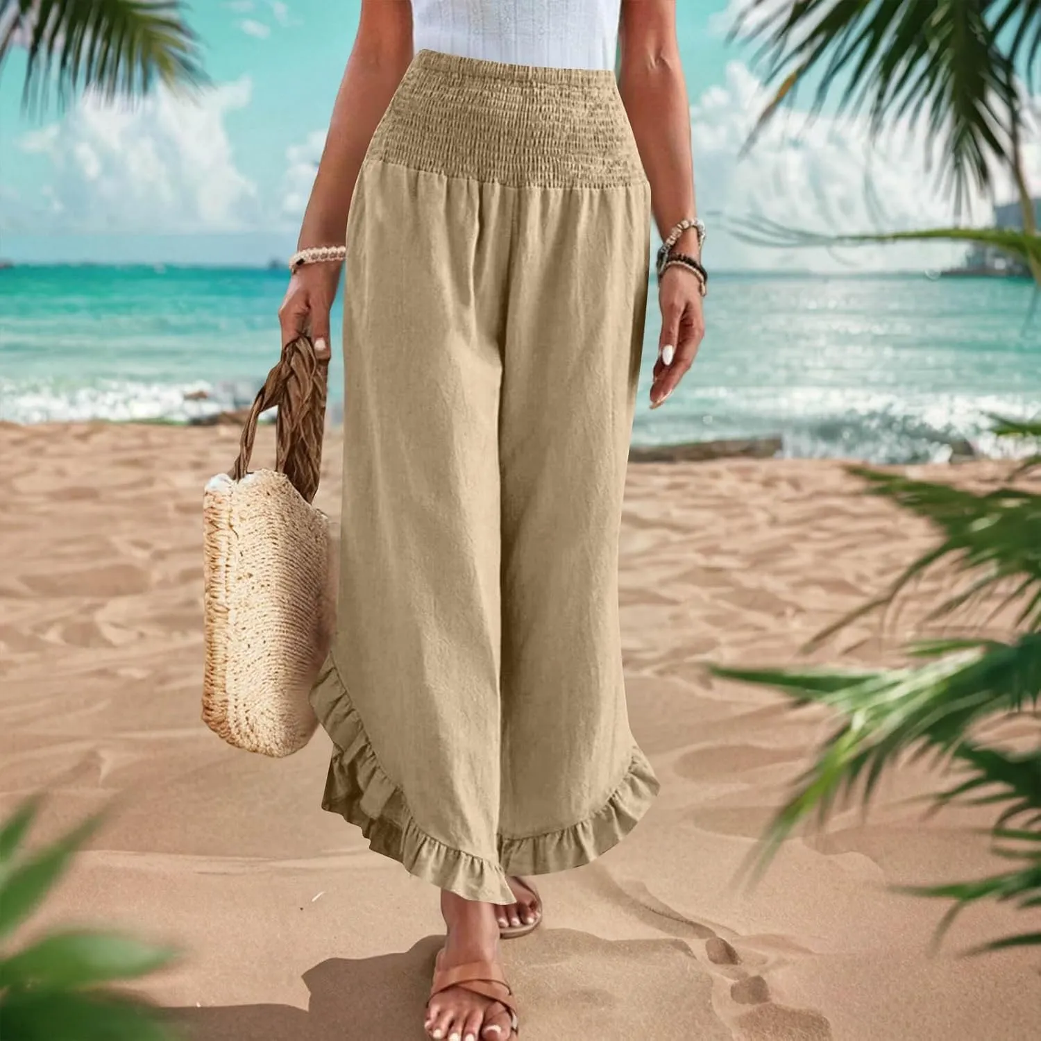 Womens Summer Boho Pants Cotton Linen Casual Pants Flowy Palazzo Wide Leg Trousers Fashion Beach Vacation Outfits Clothes