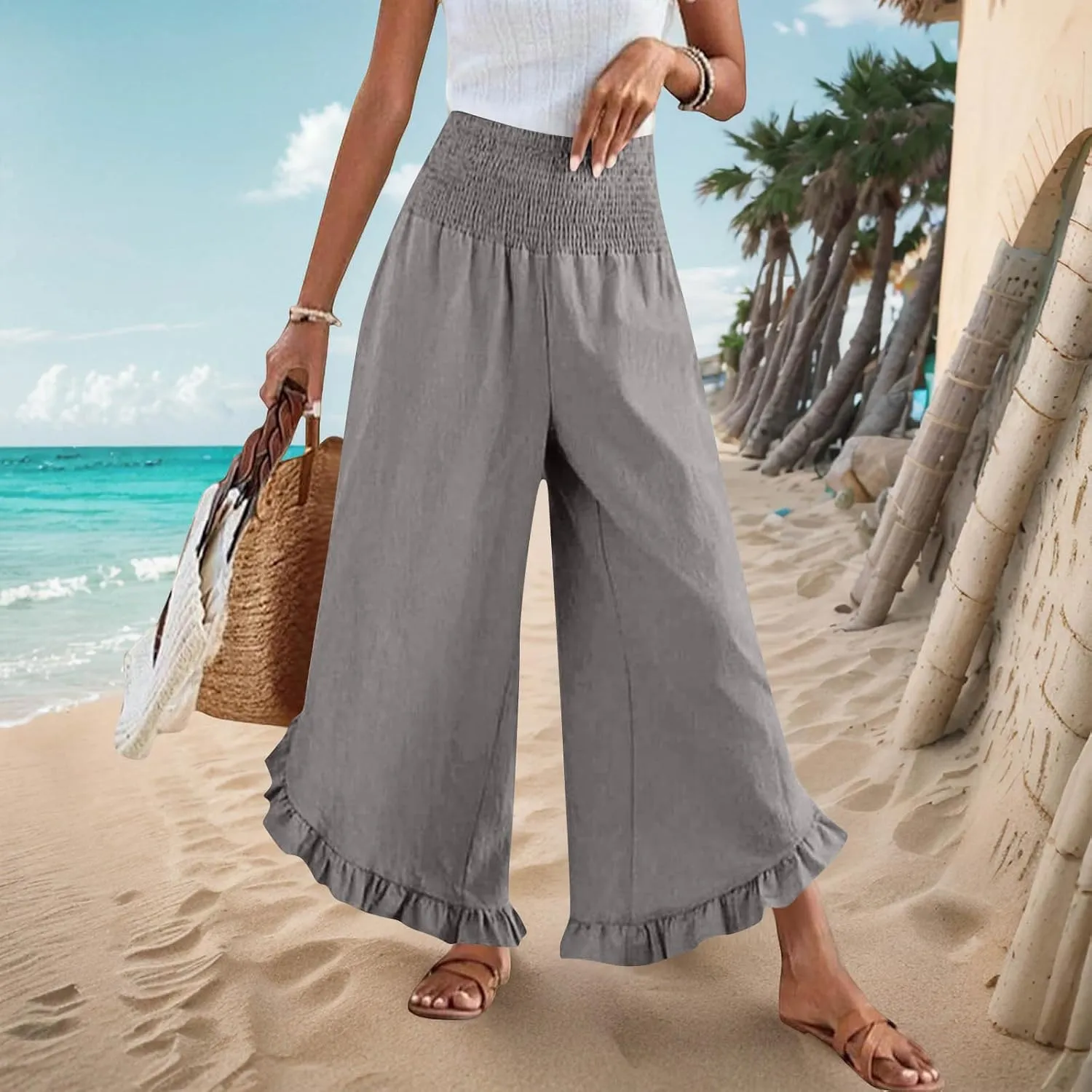 Womens Summer Boho Pants Cotton Linen Casual Pants Flowy Palazzo Wide Leg Trousers Fashion Beach Vacation Outfits Clothes