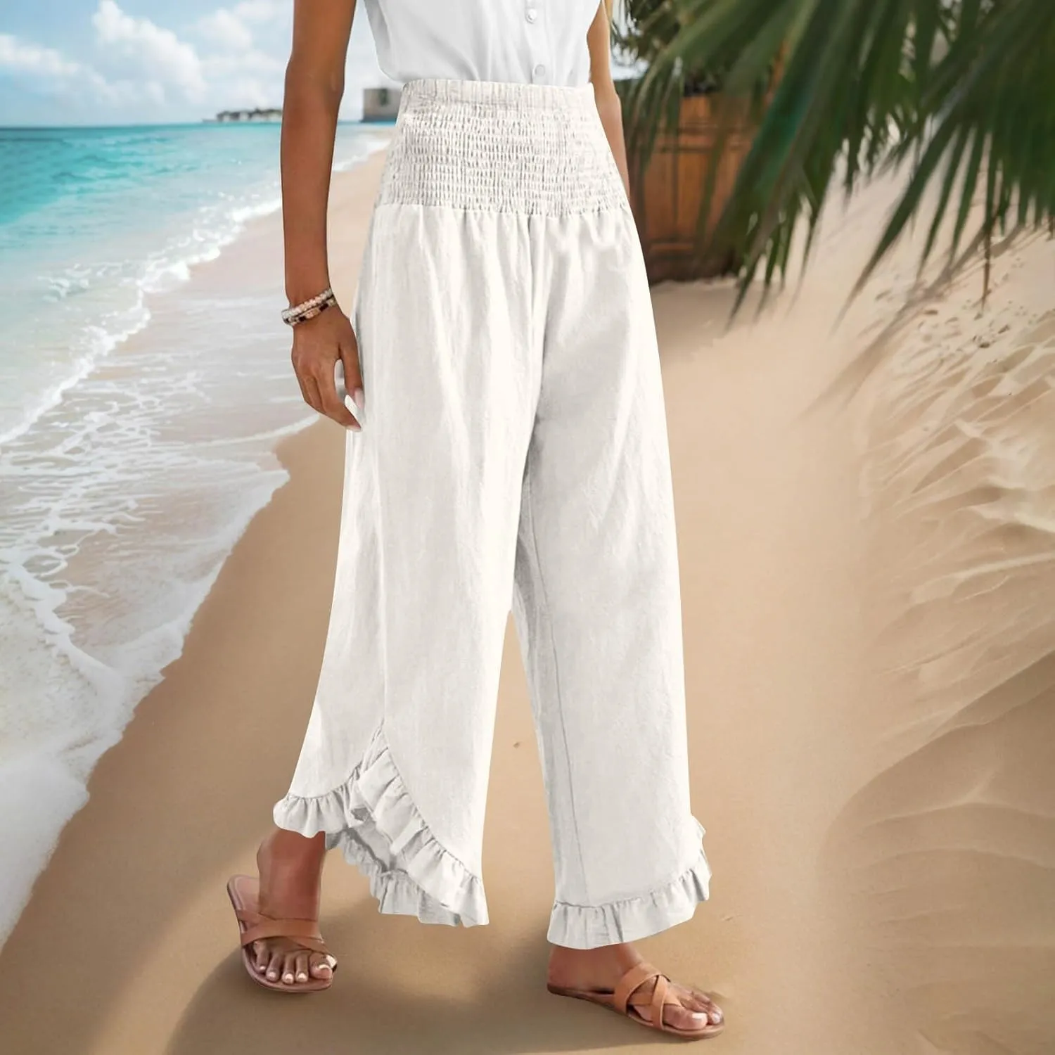 Womens Summer Boho Pants Cotton Linen Casual Pants Flowy Palazzo Wide Leg Trousers Fashion Beach Vacation Outfits Clothes