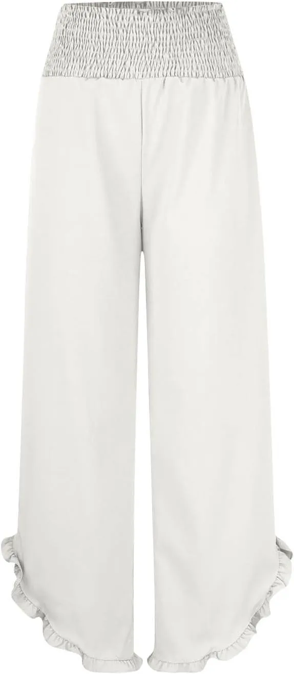 Womens Summer Boho Pants Cotton Linen Casual Pants Flowy Palazzo Wide Leg Trousers Fashion Beach Vacation Outfits Clothes