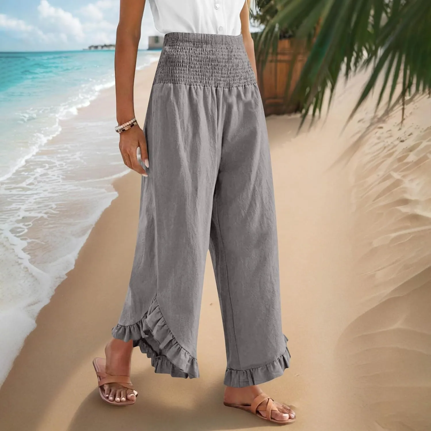Womens Summer Boho Pants Cotton Linen Casual Pants Flowy Palazzo Wide Leg Trousers Fashion Beach Vacation Outfits Clothes