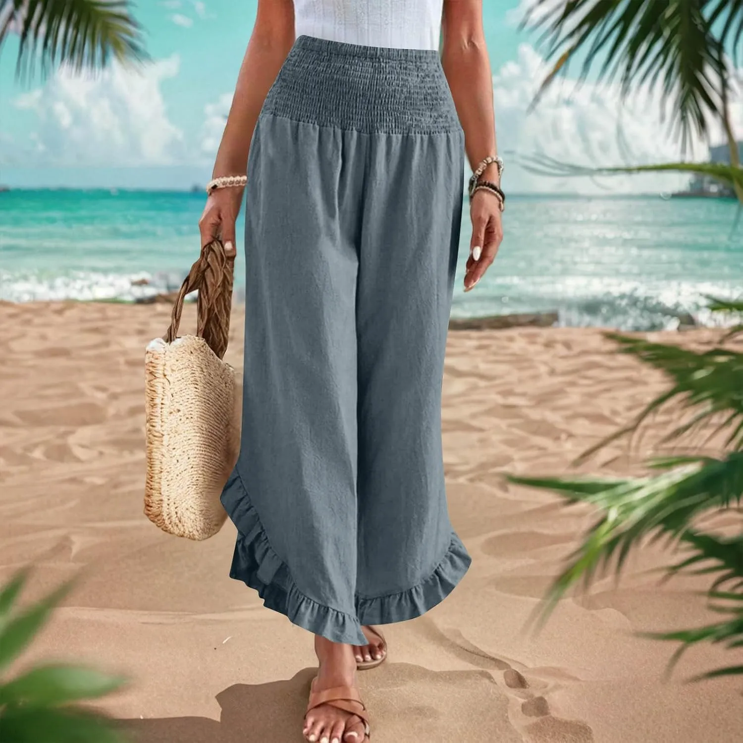 Womens Summer Boho Pants Cotton Linen Casual Pants Flowy Palazzo Wide Leg Trousers Fashion Beach Vacation Outfits Clothes