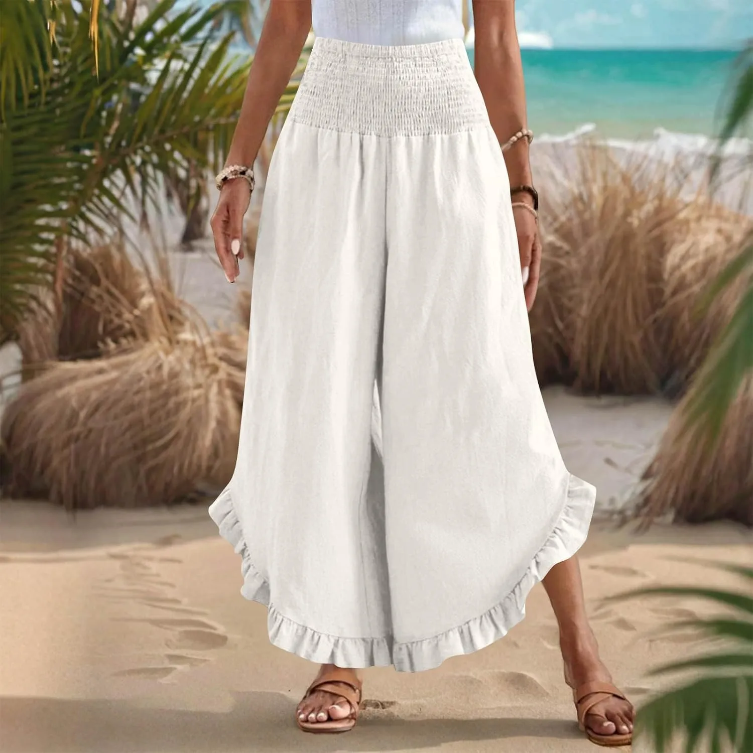 Womens Summer Boho Pants Cotton Linen Casual Pants Flowy Palazzo Wide Leg Trousers Fashion Beach Vacation Outfits Clothes