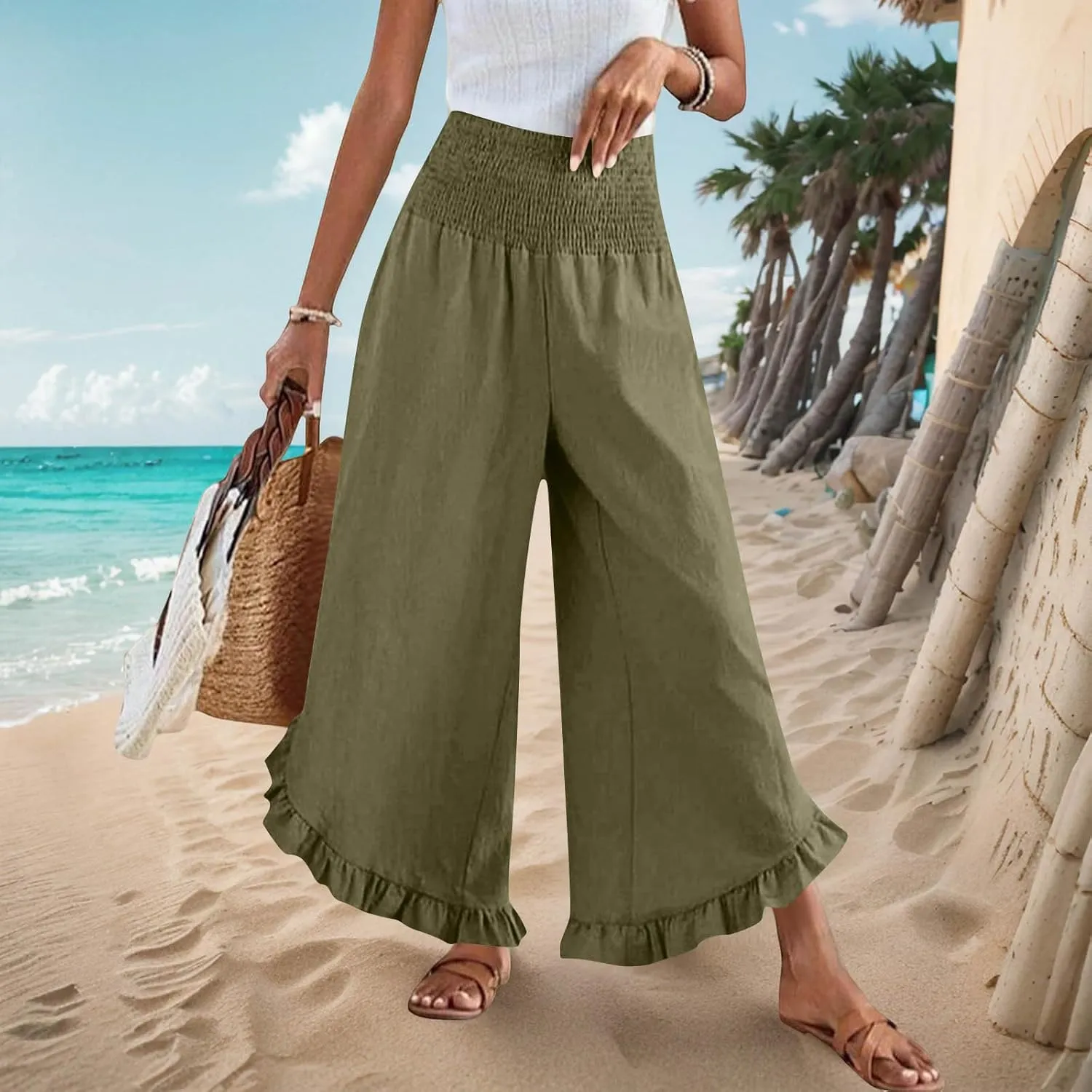 Womens Summer Boho Pants Cotton Linen Casual Pants Flowy Palazzo Wide Leg Trousers Fashion Beach Vacation Outfits Clothes