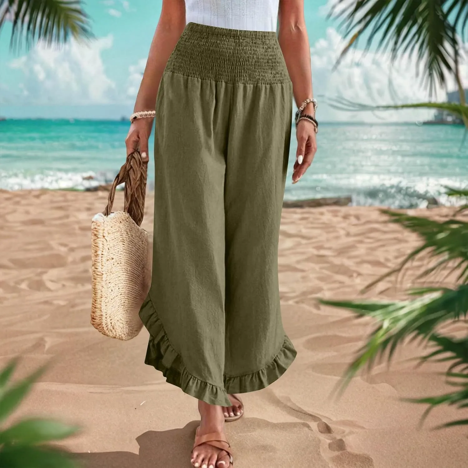 Womens Summer Boho Pants Cotton Linen Casual Pants Flowy Palazzo Wide Leg Trousers Fashion Beach Vacation Outfits Clothes