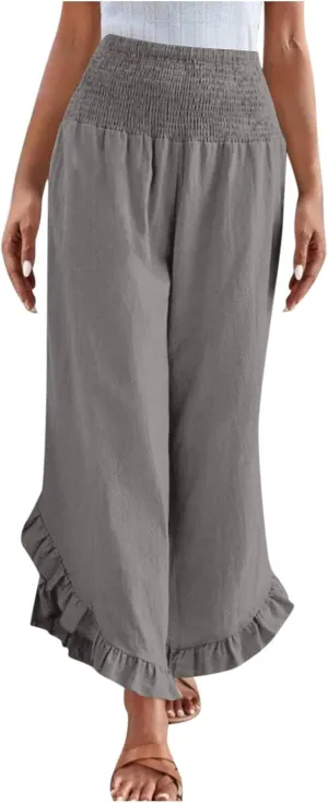 Womens Summer Boho Pants Cotton Linen Casual Pants Flowy Palazzo Wide Leg Trousers Fashion Beach Vacation Outfits Clothes