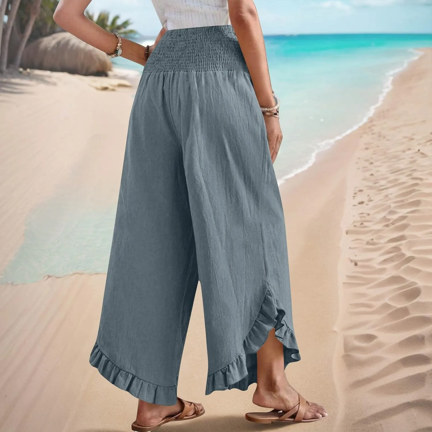 Womens Summer Boho Pants Cotton Linen Casual Pants Flowy Palazzo Wide Leg Trousers Fashion Beach Vacation Outfits Clothes