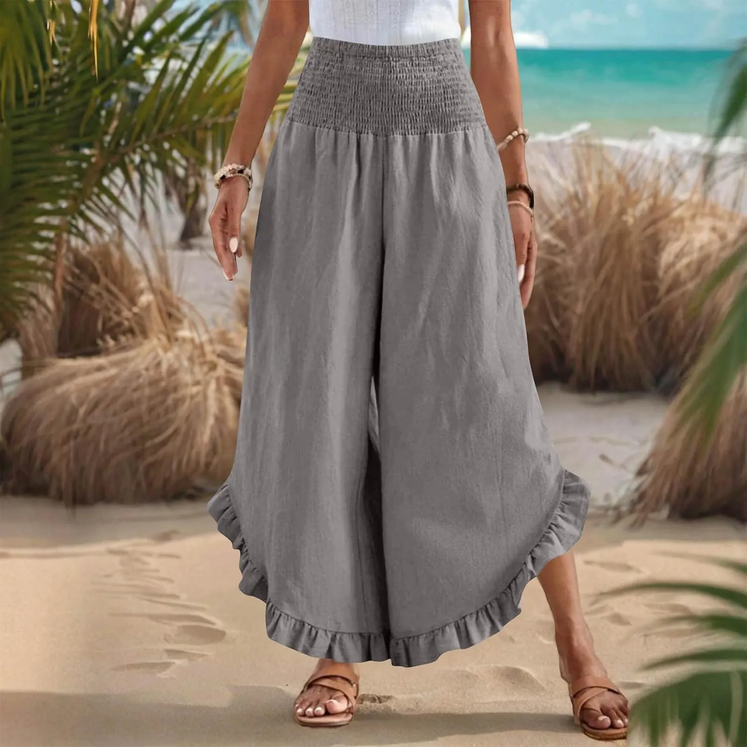 Womens Summer Boho Pants Cotton Linen Casual Pants Flowy Palazzo Wide Leg Trousers Fashion Beach Vacation Outfits Clothes