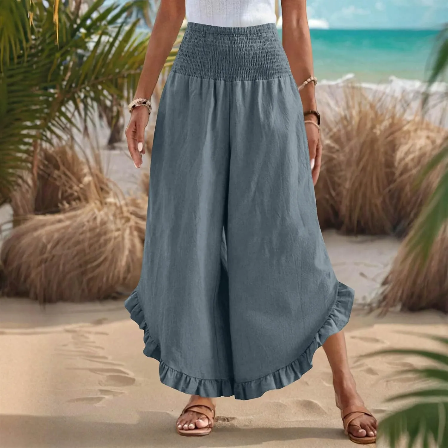 Womens Summer Boho Pants Cotton Linen Casual Pants Flowy Palazzo Wide Leg Trousers Fashion Beach Vacation Outfits Clothes