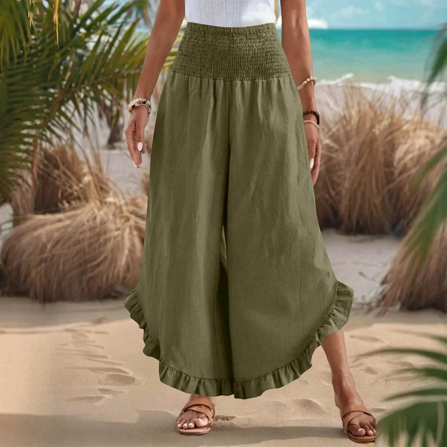 Womens Summer Boho Pants Cotton Linen Casual Pants Flowy Palazzo Wide Leg Trousers Fashion Beach Vacation Outfits Clothes