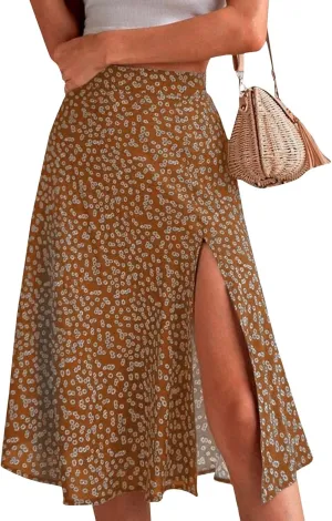 Women's Summer Casual Loose Trendy Elastic High Waist Floral Print Bohemian Split Sun Beach Midi Skirts, S-3XL