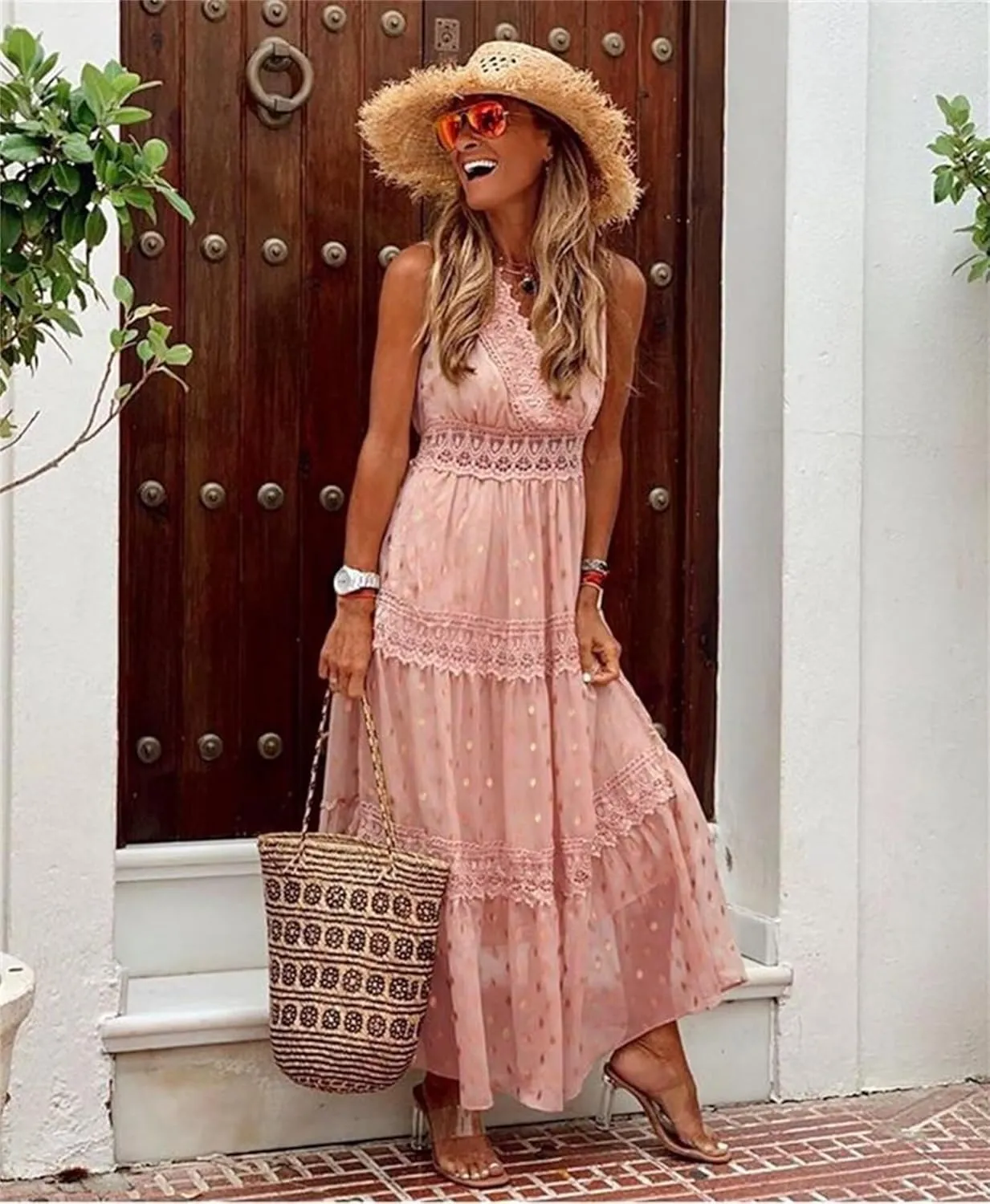 Womens Summer Dresses Casual Lace Dresses Sleeveless V Neck Dresses Boho Flowy Midi Dress Women Vacation Beach Dress