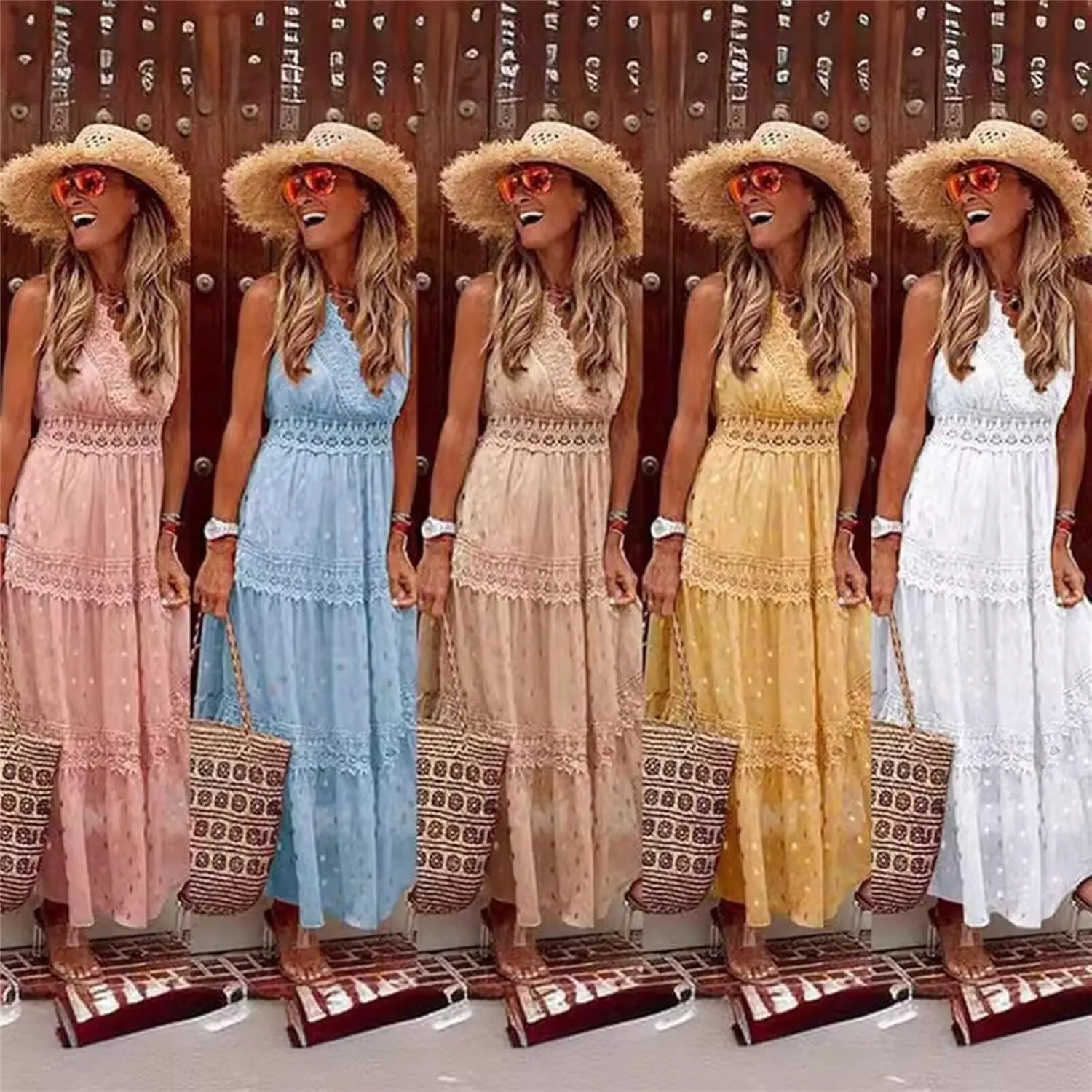 Womens Summer Dresses Casual Lace Dresses Sleeveless V Neck Dresses Boho Flowy Midi Dress Women Vacation Beach Dress