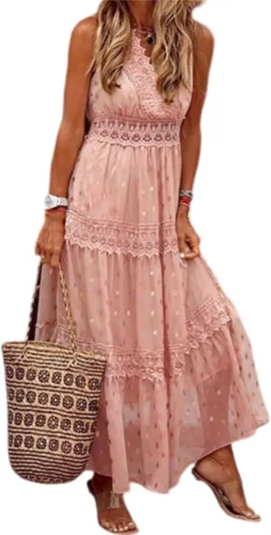 Womens Summer Dresses Casual Lace Dresses Sleeveless V Neck Dresses Boho Flowy Midi Dress Women Vacation Beach Dress