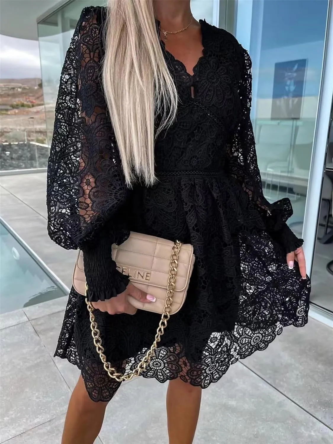 Womens Summer Dresses Casual Lace Dresses Sleeveless V Neck Dresses Boho Flowy Midi Dress Women Vacation Beach Dress