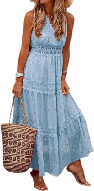 Womens Summer Dresses Casual Lace Dresses Sleeveless V Neck Dresses Boho Flowy Midi Dress Women Vacation Beach Dress
