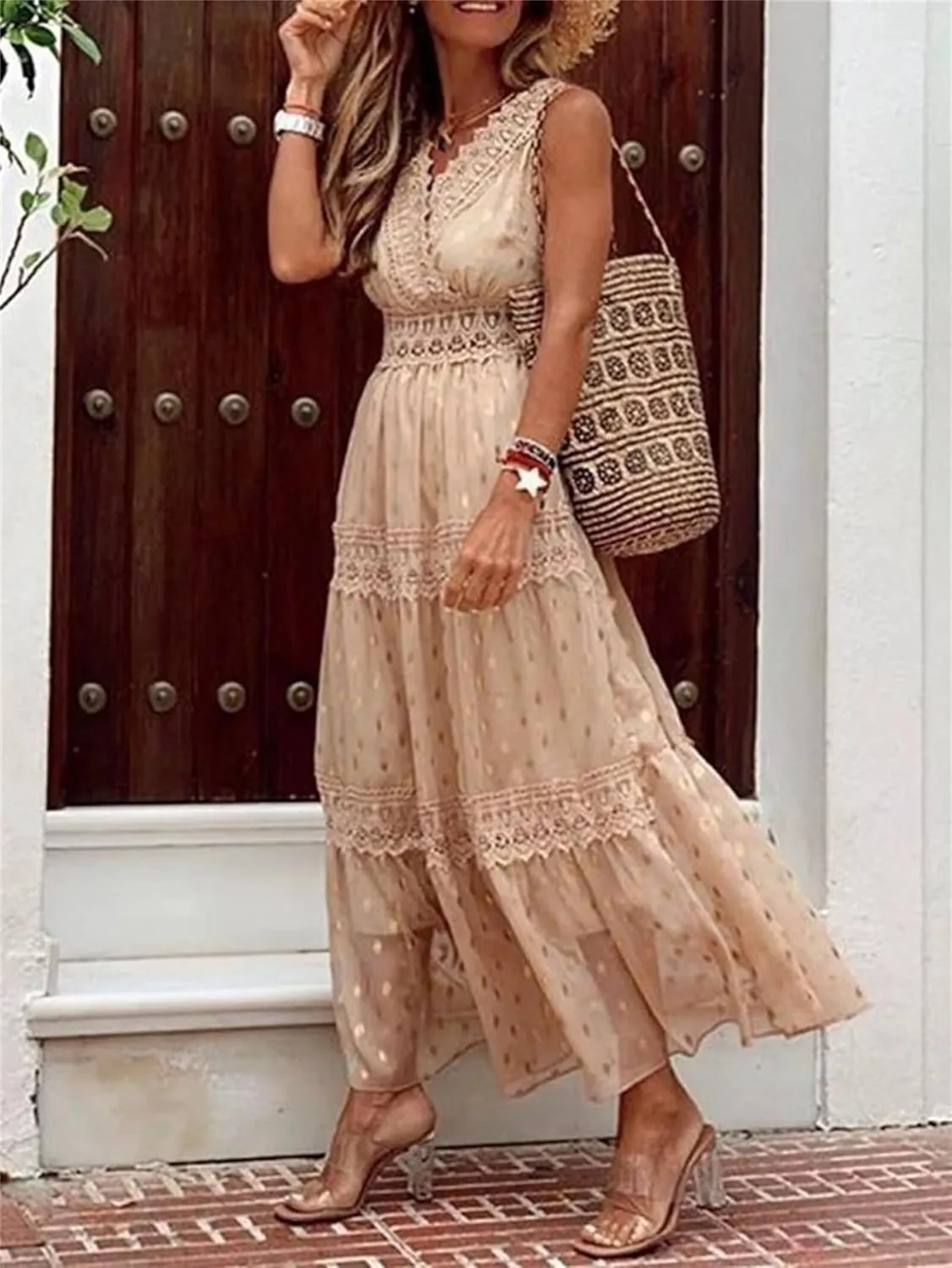 Womens Summer Dresses Casual Lace Dresses Sleeveless V Neck Dresses Boho Flowy Midi Dress Women Vacation Beach Dress