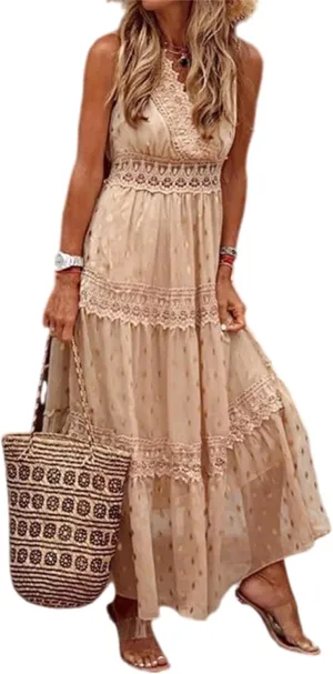 Womens Summer Dresses Casual Lace Dresses Sleeveless V Neck Dresses Boho Flowy Midi Dress Women Vacation Beach Dress