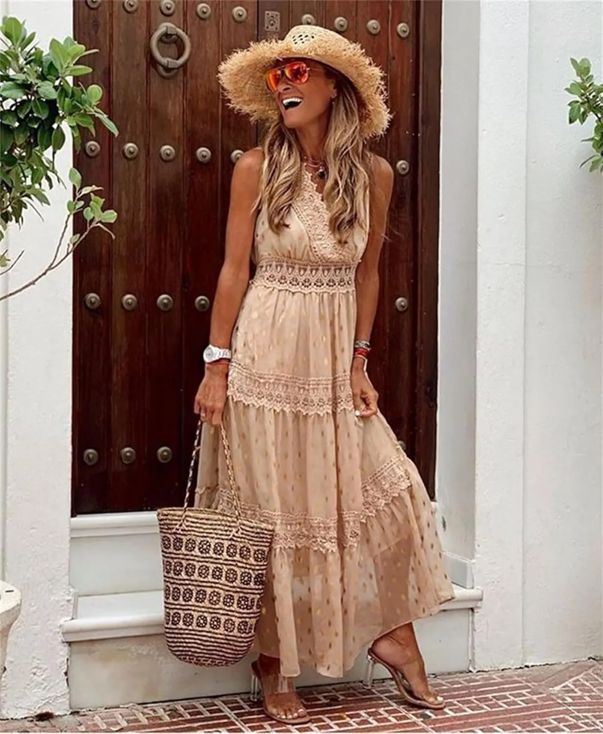 Womens Summer Dresses Casual Lace Dresses Sleeveless V Neck Dresses Boho Flowy Midi Dress Women Vacation Beach Dress