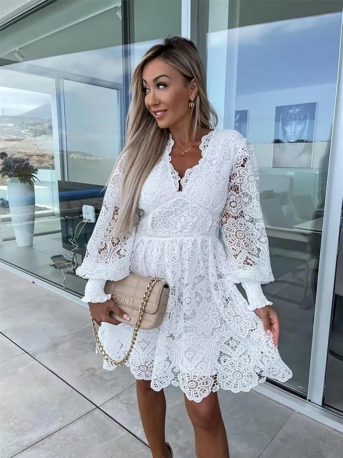Womens Summer Dresses Casual Lace Dresses Sleeveless V Neck Dresses Boho Flowy Midi Dress Women Vacation Beach Dress