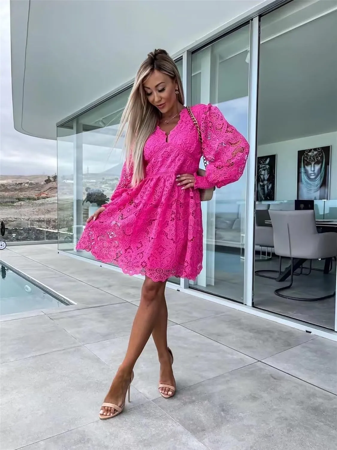 Womens Summer Dresses Casual Lace Dresses Sleeveless V Neck Dresses Boho Flowy Midi Dress Women Vacation Beach Dress