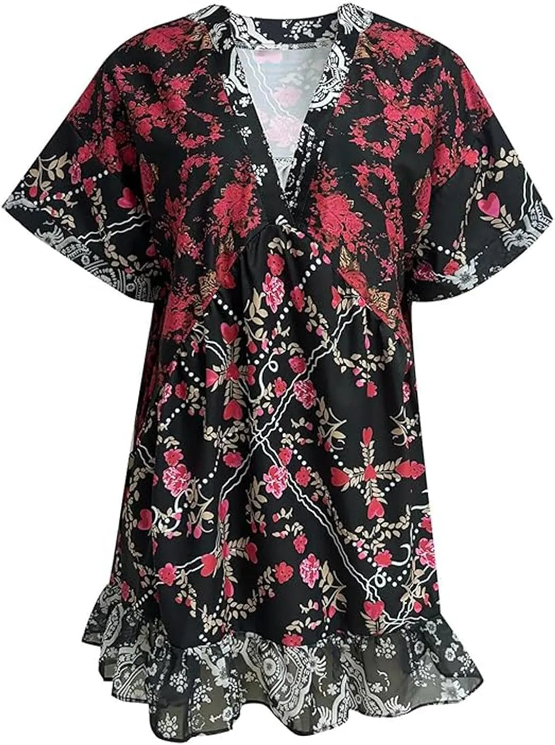 Womens Summer Floral Dresses Short Sleeve V Neck Boho Swing Mini Dress Vacation Trendy Outfits for Women