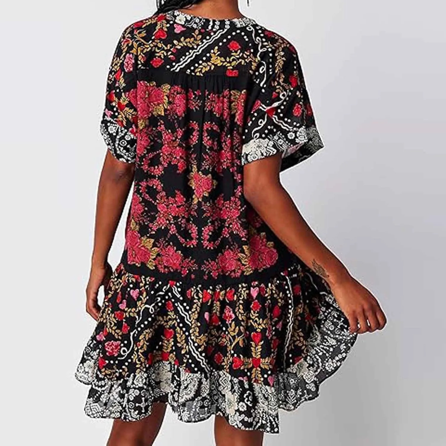 Womens Summer Floral Dresses Short Sleeve V Neck Boho Swing Mini Dress Vacation Trendy Outfits for Women