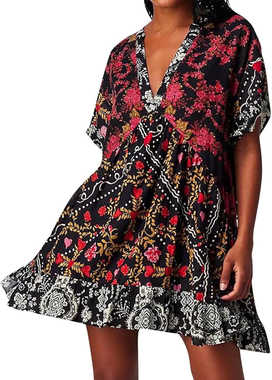 Womens Summer Floral Dresses Short Sleeve V Neck Boho Swing Mini Dress Vacation Trendy Outfits for Women