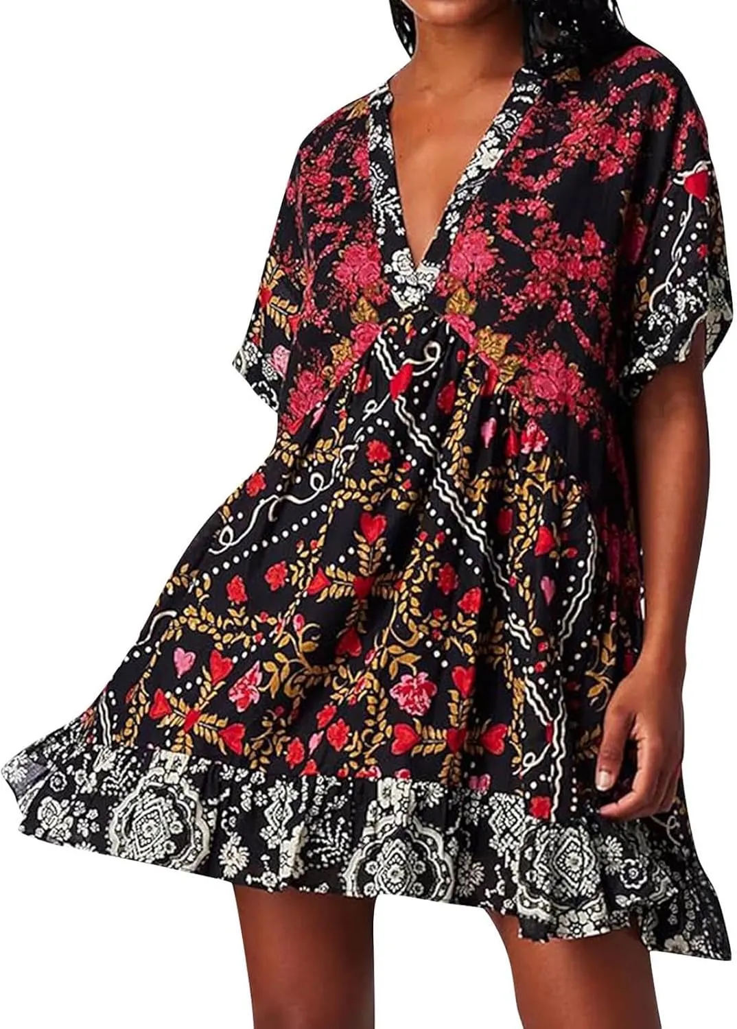 Womens Summer Floral Dresses Short Sleeve V Neck Boho Swing Mini Dress Vacation Trendy Outfits for Women