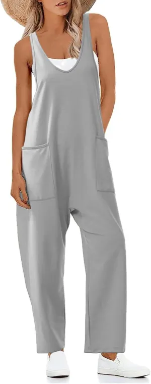 Women's V Neck Sleeveless Jumpsuit Straps Long Pants Rompers with Pockets