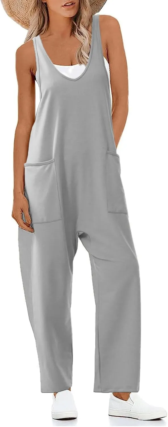 Women's V Neck Sleeveless Jumpsuit Straps Long Pants Rompers with Pockets