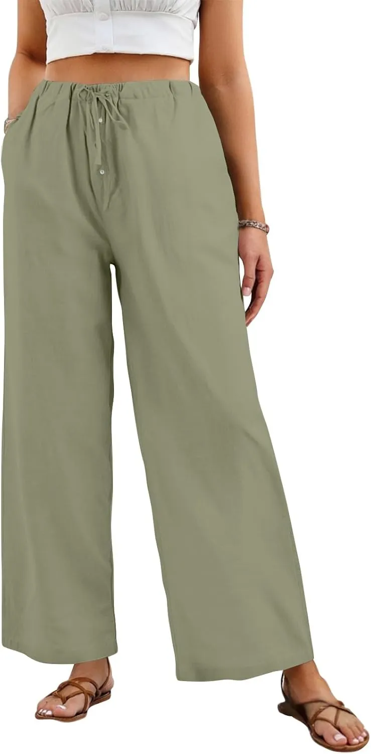Womens Wide Leg Linen Pants Casual High Waisted Loose Palazzo Pants Summer Flowy Beach Lounge Trousers with Pockets