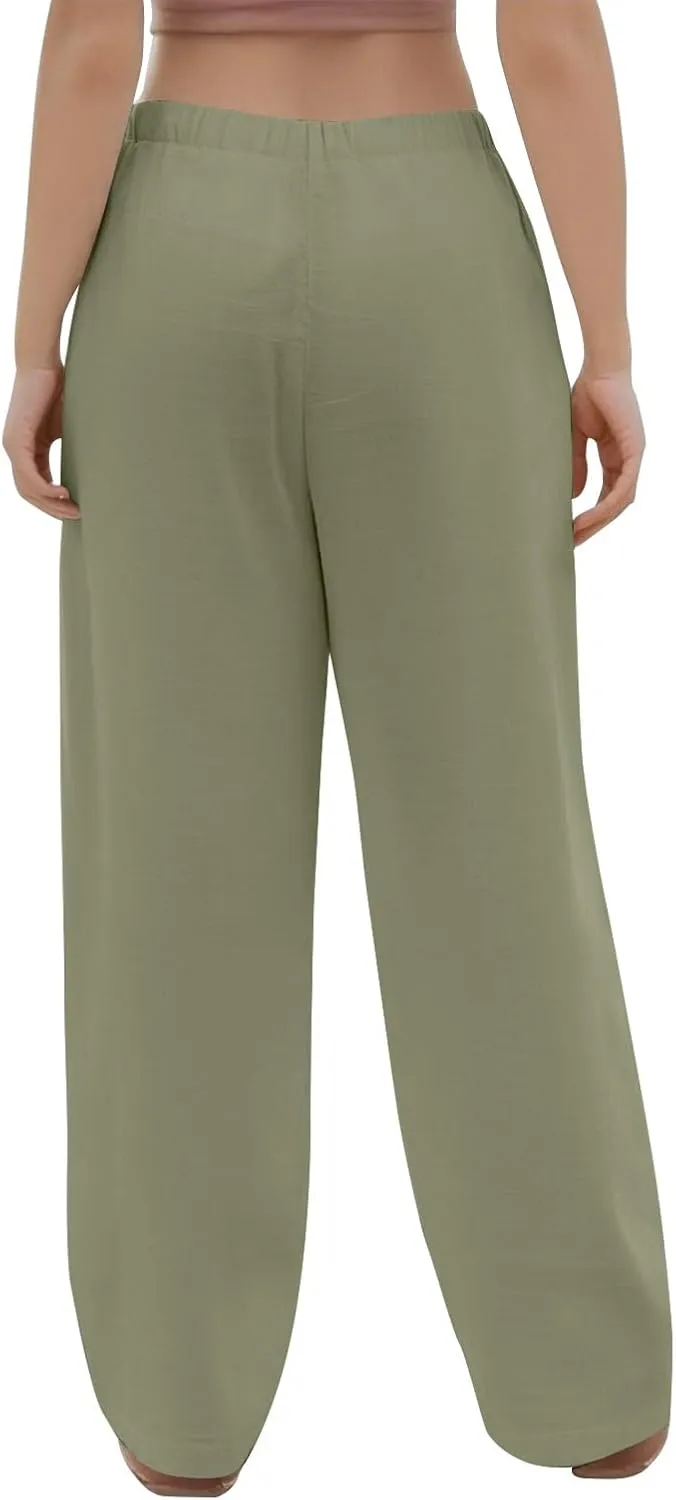 Womens Wide Leg Linen Pants Casual High Waisted Loose Palazzo Pants Summer Flowy Beach Lounge Trousers with Pockets