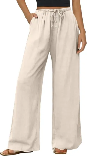 Womens Wide Leg Linen Pants Casual High Waisted Loose Palazzo Pants Summer Flowy Beach Lounge Trousers with Pockets