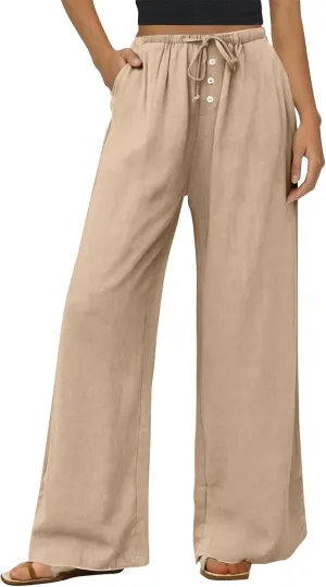 Womens Wide Leg Linen Pants Casual High Waisted Loose Palazzo Pants Summer Flowy Beach Lounge Trousers with Pockets