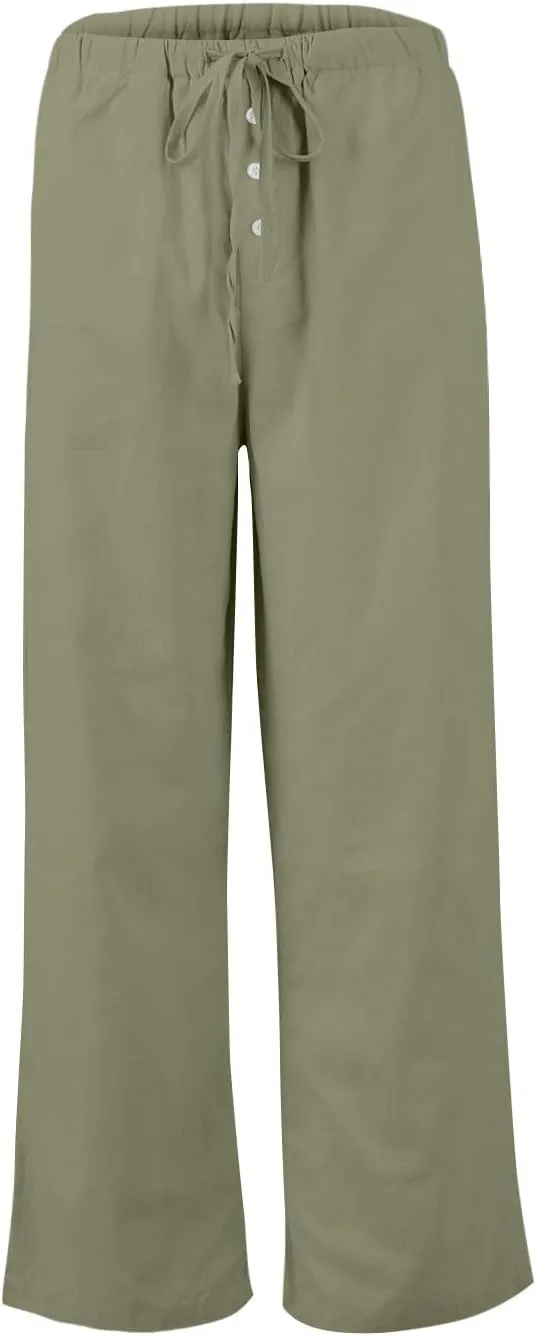 Womens Wide Leg Linen Pants Casual High Waisted Loose Palazzo Pants Summer Flowy Beach Lounge Trousers with Pockets