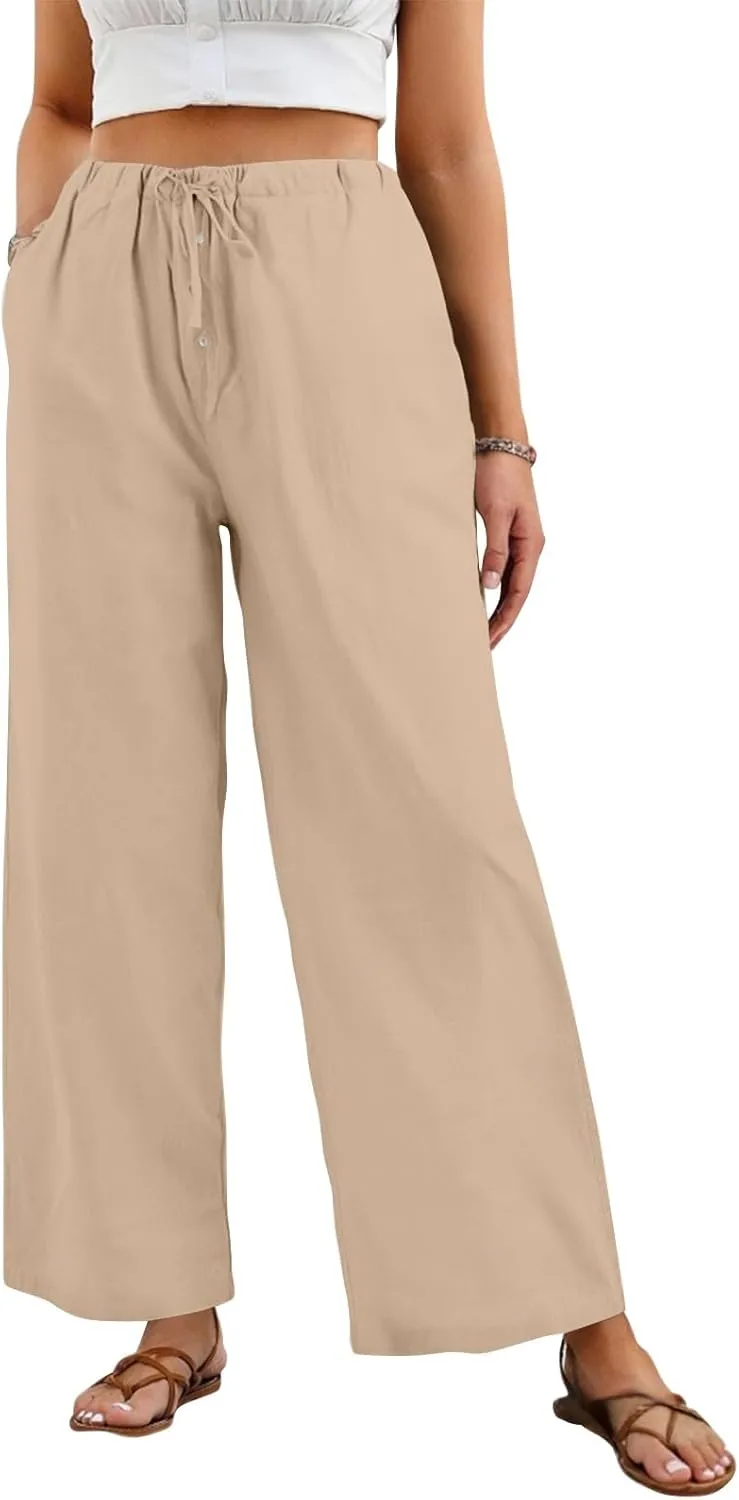 Womens Wide Leg Linen Pants Casual High Waisted Loose Palazzo Pants Summer Flowy Beach Lounge Trousers with Pockets