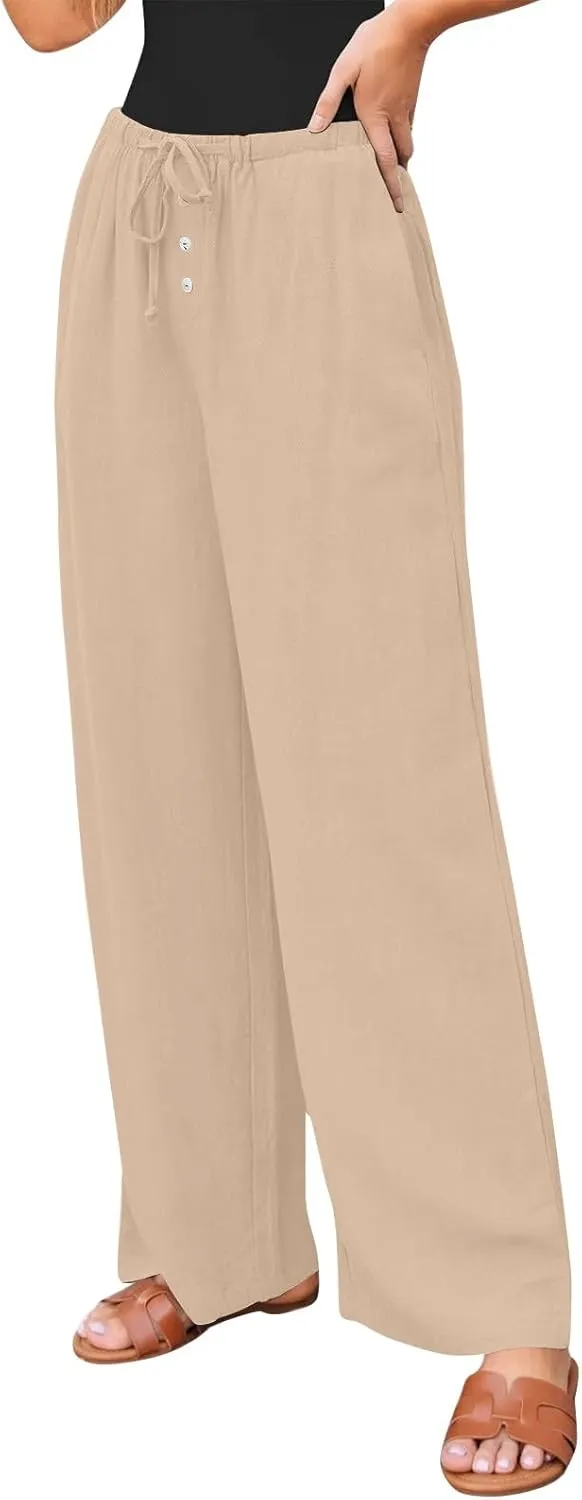 Womens Wide Leg Linen Pants Casual High Waisted Loose Palazzo Pants Summer Flowy Beach Lounge Trousers with Pockets