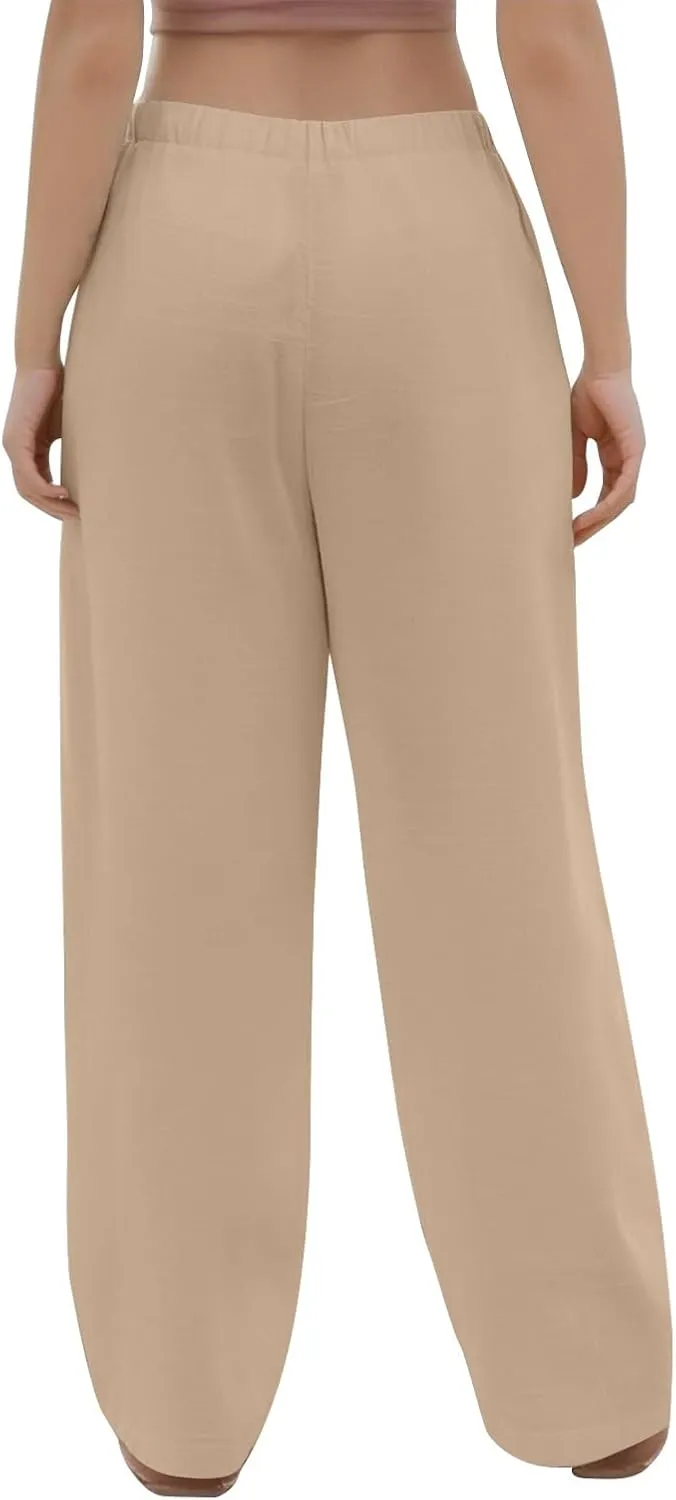 Womens Wide Leg Linen Pants Casual High Waisted Loose Palazzo Pants Summer Flowy Beach Lounge Trousers with Pockets